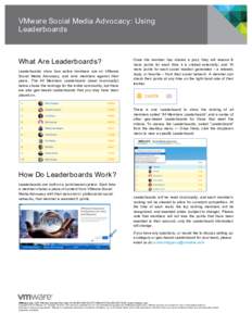 VMware Social Media Advocacy: Using Leaderboards What Are Leaderboards? Leaderboards show how active members are on VMware Social Media Advocacy, and rank members against their