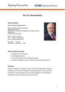 Prof. Dr. Ronald Gleich  Personal Details