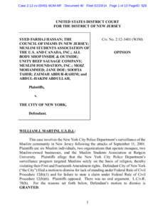 Case 2:12-cv[removed]WJM-MF Document 40 Filed[removed]Page 1 of 10 PageID: 528  UNITED STATES DISTRICT COURT FOR THE DISTRICT OF NEW JERSEY SYED FARHAJ HASSAN; THE COUNCIL OF IMAMS IN NEW JERSEY;