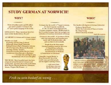 STUDY GERMAN AT NORWICH! WHY? With 120 million native and 80 million non-native speakers, German is the 11th most spoken language in the world. GENEALOGY: Many Americans have Germans in their family history. Do you?