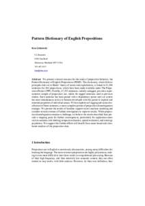 Pattern Dictionary of English Prepositions Ken Litkowski CL Research 9208 Gue Road Damascus, MarylandUSA