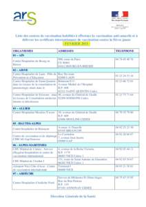 Liste des centres de vaccination habilités à effectuer la vaccination anti-amarile et à délivrer les certificats internationaux de vaccination contre la fièvre jaune - FEVRIER 2015 ORGANISMES ADRESSES