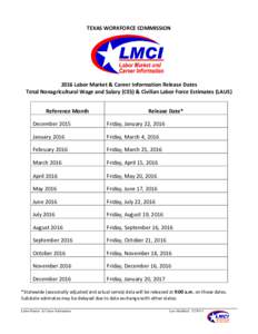 TEXAS WORKFORCE COMMISSIONLabor Market & Career Information Release Dates Total Nonagricultural Wage and Salary (CES) & Civilian Labor Force Estimates (LAUS) Reference Month