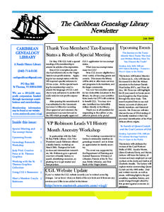 The Caribbean Genealogy Library Newsletter July 2009 Upcoming Events