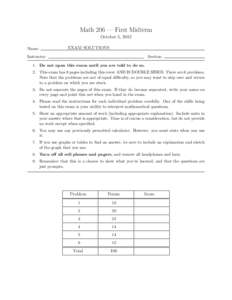 Math 206 — First Midterm October 5, 2012 Name: EXAM SOLUTIONS