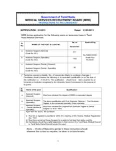 Government of Tamil Nadu MEDICAL SERVICES RECRUITMENT BOARD (MRB) “INSTRUCTIONS TO THE CANDIDATE” NOTIFICATION: [removed]