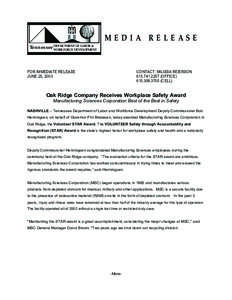 MEDIA RELEASE TMENT OF LABOR & Tennessee DEPAR WORKFORCE DEVELOPMENT  FOR IMMEDIATE RELEASE