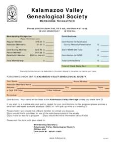 Kalamazoo Valley Genealogical Society Membership/Renewal Form Please print this form first, fill it out, and then mail to us.  NEW MEMBERSHIP