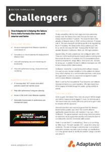 Challengers How Adaptavist is helping the Sahara Force India Formula One team work smarter and faster  THE CLIENT NEEDED: