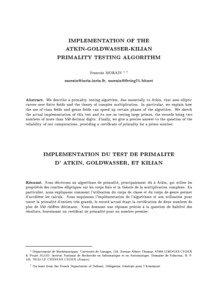 IMPLEMENTATION OF THE ATKIN-GOLDWASSER-KILIAN PRIMALITY TESTING ALGORITHM