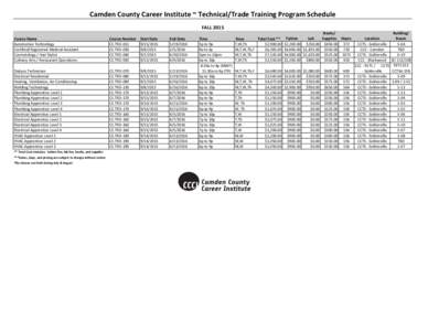 Camden County Career Institute ~ Technical/Trade Training Program Schedule FALL 2015 Course Name Automotive Technology Certified/Registered Medical Assistant Cosmetology / Hair Stylist