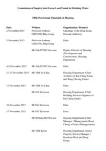 Commission of Inquiry into Excess Lead Found in Drinking Water  Fifth Provisional Timetable of Hearing Date 2 November 2015