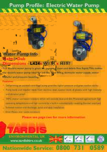 Pump Profile: Electric Water Pump  Water Pump Info Make - Dab Dimensions - L424x W174 x H197 The electric water pump is great for pumping clean and debris free liquid.This makes