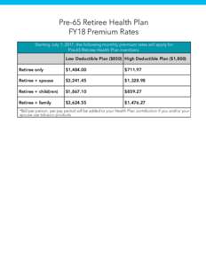 Pre-65 Retiree Health Plan FY18 Premium Rates Starting July 1, 2017, the following monthly premium rates will apply for Pre-65 Retiree Health Plan members: Low Deductible Plan ($850) High Deductible Plan ($1,800) Retiree