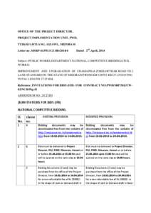 OFFICE OF THE PROJECT DIRECTOR . PROJECT IMPLIMENTATION UNIT, PWD, TUIKHUAHTLANG, AIZAWL, MIZORAM Letter no .MSRP-41/PIU/CZ BD[removed]Dated 2nd.April, 2014