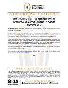FOR IMMEDIATE RELEASE: November 4, 2014 CONTACT: Gina Lehe[removed]SELECTION COMMITTEE RELEASES TOP 25