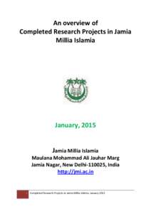 An overview of Completed Research Projects in Jamia Millia Islamia January, 2015