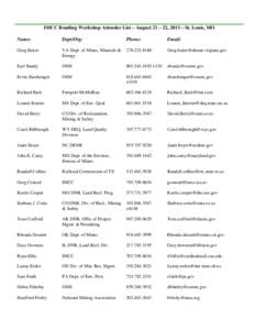 IMCC Bonding Workshop Attendee List – August 21 – 22, 2013 – St. Louis, MO Name: Dept/Org:  Phone: