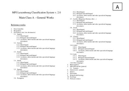 A MPI Luxembourg Classification System v. 2.0 Main Class A – General Works Reference works 1.