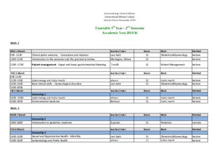 Università degli Studi di Milano International Medical school Istituto Clinico Humanitas (ICH) Timetable 5th Year – 2nd Semester Accademic Year