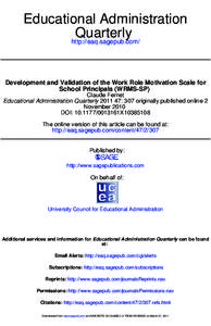 Educational Administration Quarterly http://eaq.sagepub.com/ Development and Validation of the Work Role Motivation Scale for School Principals (WRMS-SP)