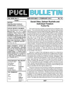 PUCL BULLETIN Vol. XXXII, No. 2 Inside : EDITORIAL: Social Sites, Salman Rushdie and Individual Freedom - Pushkar Raj (1)