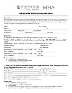 GMAT/GRE Waiver Request Form Overview The Virginia Tech Evening MBA program will consider GMAT/GRE waiver requests. Please note that the waiver is not guaranteed, and your request will undergo evaluation by the admission
