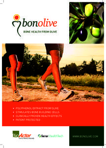 BONE HEALTH FROM OLIVE  •	 POLYPHENOL EXTRACT FROM OLIVE •	 STIMULATES BONE BUILDING CELLS •	 CLINICALLY PROVEN HEALTH EFFECTS •	 PATENT PROTECTED