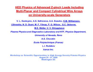 HED Physics of Advanced Z-pinch Loads Including Multi-Planar and Compact Cylindrical Wire Arrays on University-scale Generators V. L. Kantsyrev, A.S. Safronova, A.A. Esaulov, K.M. Williamson, I.Shrestha, N. D. Ouart, M. 