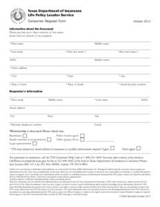 Texas Department of Insurance Life Policy Locator Service Consumer Request Form October 2013