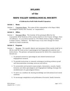 BYLAWS of the NAPA VALLEY GENEALOGICAL SOCIETY A California Non-Profit Public Benefit Corporation  Article 1.