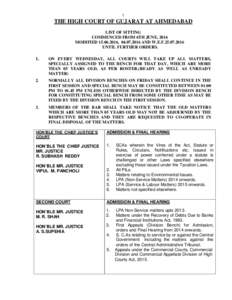 1  THE HIGH COURT OF GUJARAT AT AHMEDABAD LIST OF SITTING COMMENCED FROM 6TH JUNE, 2016 MODIFIED, AND W.E.F