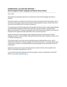 COMMUNITIES, CULTURE AND HERITAGE— Bursary Supports Gaelic Language Learning for Nova Scotians ---------------------------------------------------------------------------------------------------------------------------
