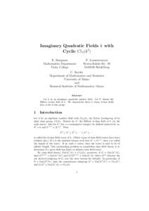 Imaginary Quadratic Fields k with Cyclic Cl 2(k 1) E. Benjamin Mathematics Department Unity College