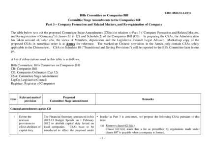 Bills Committee on Companies Bill Committee Stage Amendments to the Companies Bill Part 3 – Company Formation and Related Matters, and Re-registration of Company CB[removed])