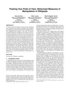 Pushing Your Point of View: Behavioral Measures of Manipulation in Wikipedia Sanmay Das