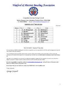 Watford & District Bowling Association  Competition Secretary George Coxwell Malwa, Pegmire Lane, Aldenham, Watford, Herts. WD25 8DR Tel: Email: 
