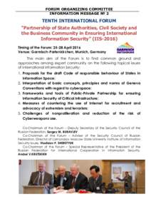 FORUM ORGANIZING COMMITTEE INFORMATION MESSAGE № 2 TENTH INTERNATIONAL FORUM “Partnership of State Authorities, Civil Society and the Business Community in Ensuring International