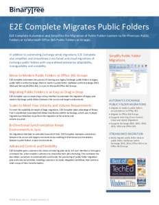 E2E Complete Migrates Public Folders E2E Complete Automates and Simplifies the Migration of Public Folder Content to On-Premises Public Folders or to Microsoft Office 365 Public Folders or Groups In addition to automatin