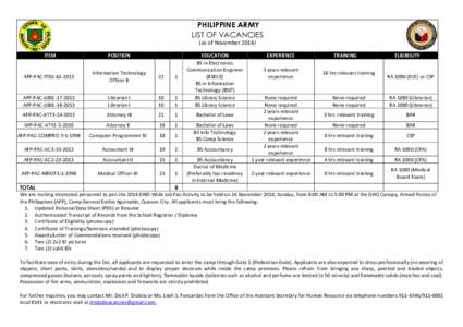 PHILIPPINE ARMY LIST OF VACANCIES (as of November[removed]ITEM  POSITION