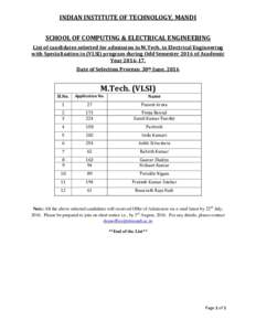 INDIAN INSTITUTE OF TECHNOLOGY, MANDI SCHOOL OF COMPUTING & ELECTRICAL ENGINEERING List of candidates selected for admission in M.Tech. in Electrical Engineering with Specialisation in (VLSI) program during Odd Semester 