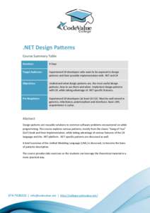 CodeValue C o lleg e .NET Design Patterns Course Summary Table Duration: