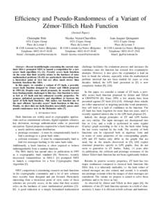 Efficiency and Pseudo-Randomness of a Variant of Z´emor-Tillich Hash Function (Invited Paper) Christophe Petit  Nicolas Veyrat-Charvillon
