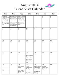 August 2014 Buena Vista Calendar Sun Mon