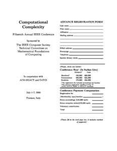 Computational Complexity Fifteenth Annual IEEE Conference ADVANCE REGISTRATION FORM