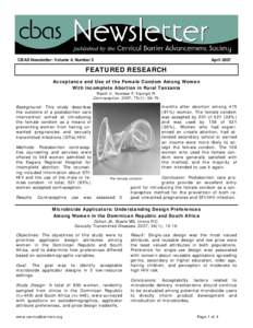 CBAS Newsletter: Volume 4, Number 2  April 2007 FEATURED RESEARCH Acceptance and Use of the Female Condom Among Women