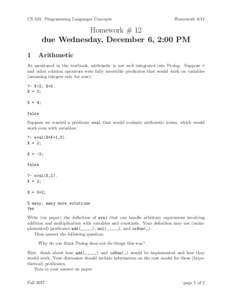 CS 431: Programming Languages Concepts  Homework #12 Homework # 12 due Wednesday, December 6, 2:00 PM
