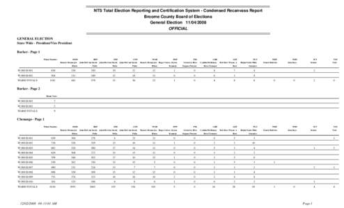 NTS Total Election Reporting and Certification System - Condensed Recanvass Report Broome County Board of Elections General Election[removed]OFFICIAL GENERAL ELECTION State Wide - President/Vice President