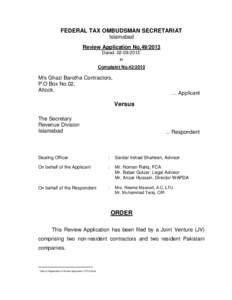 FEDERAL TAX OMBUDSMAN SECRETARIAT Islamabad Review Application NoDated:.* in Complaint No