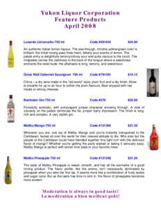Yukon Liquor Corporation Feature Products April 2008 Luxardo Limoncello 750 ml  Code #591644